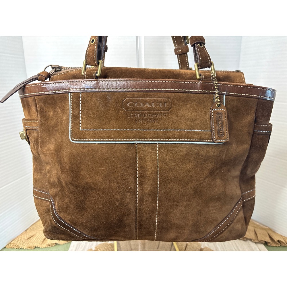 Coach Brown Suede Leather Trim Satchel Bag 8B03 Brass Hardware Vintage Style